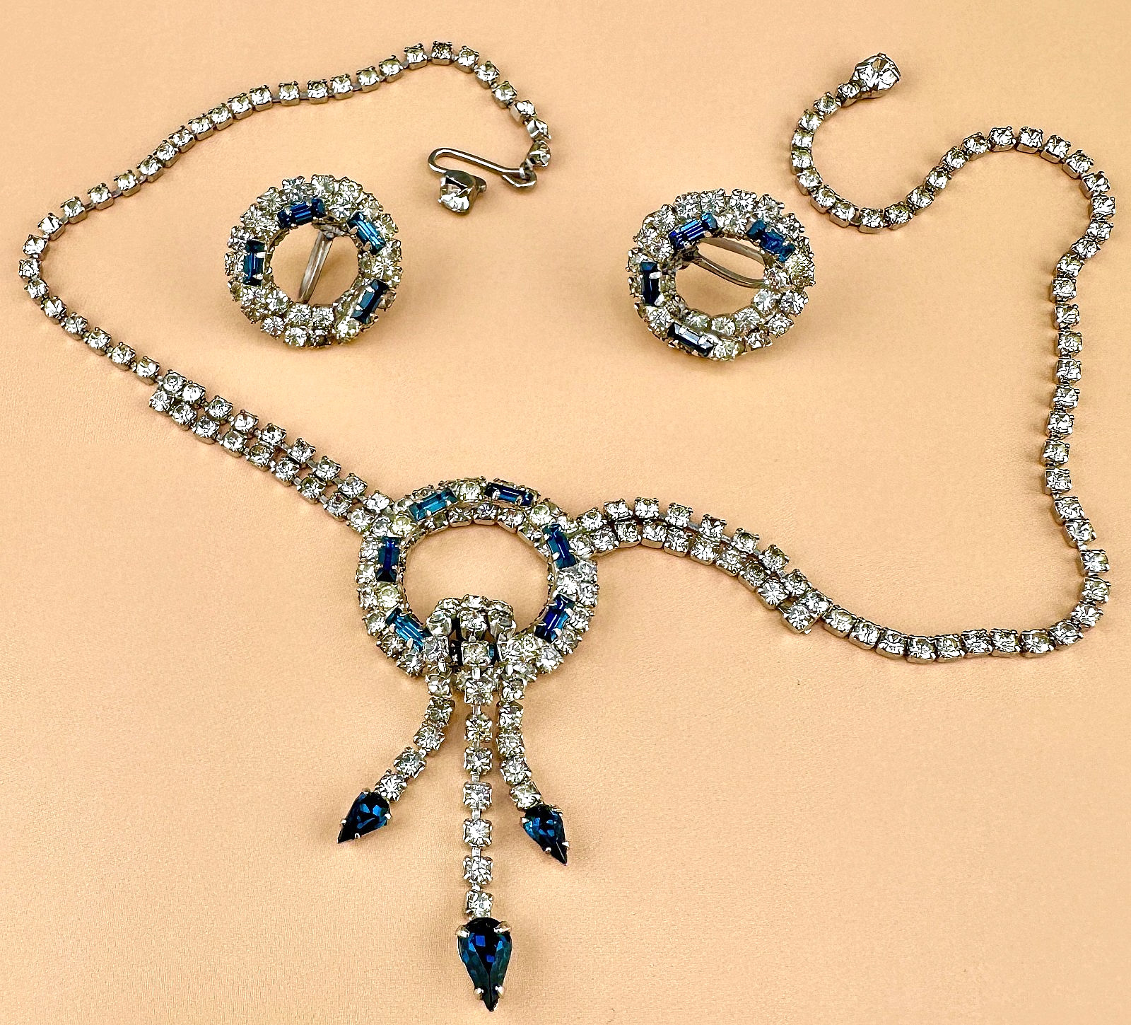 Vintage Rhinestone Necklace Earrings Set Blue Clear Circle Tassel Cup Chain