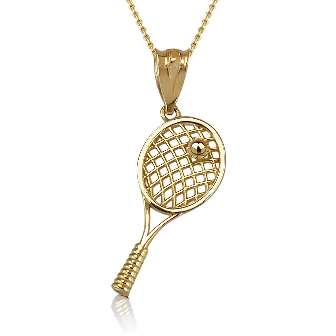 Womens Gold Tennis Racket Ball 3D Charm Pendant Necklace 10K or 14K