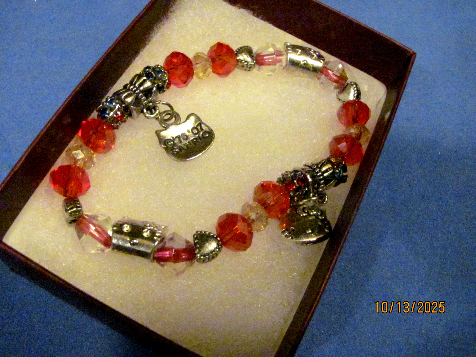 Hello Kitty Bracelet with Red & Pink Crystal, Glass Beads, Stretch Design