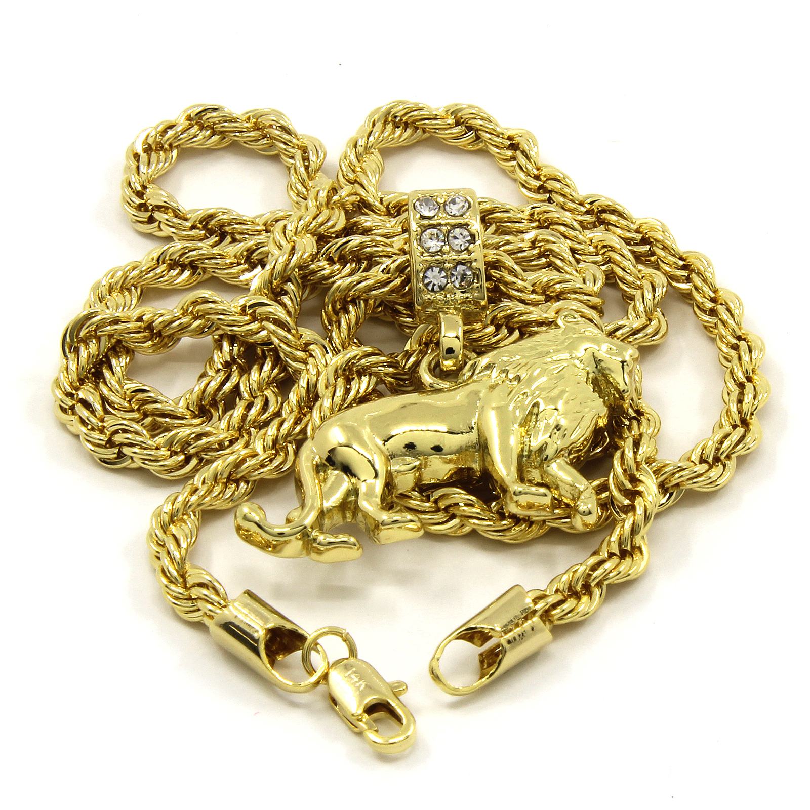 Men’s 14K Gold Plated Lion Hip-Hop 4mm/24″ Rope Chain With pendant