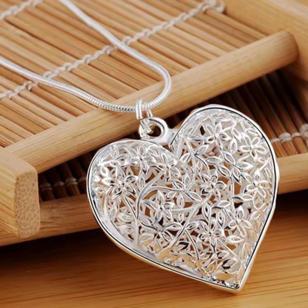 Silver Heart Filigree Pendant 925 Charm Necklace Wedding Fashion Jewelry 26″ New