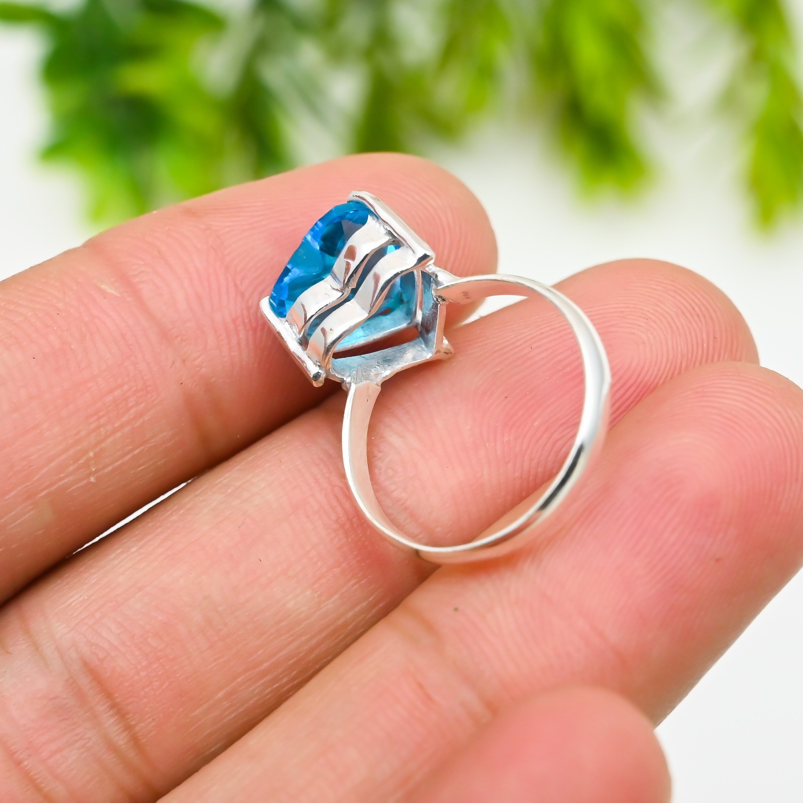Blue Topaz Gemstone Round 925 Sterling Silver Handmade Jewelry Ring Gift For