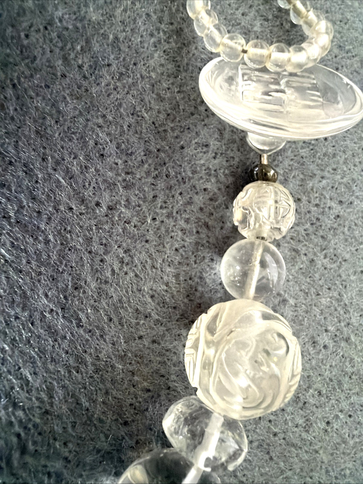 Handcrafted Necklace of Rock Crystal Quartz Beads with Chinese Long Life Symbols