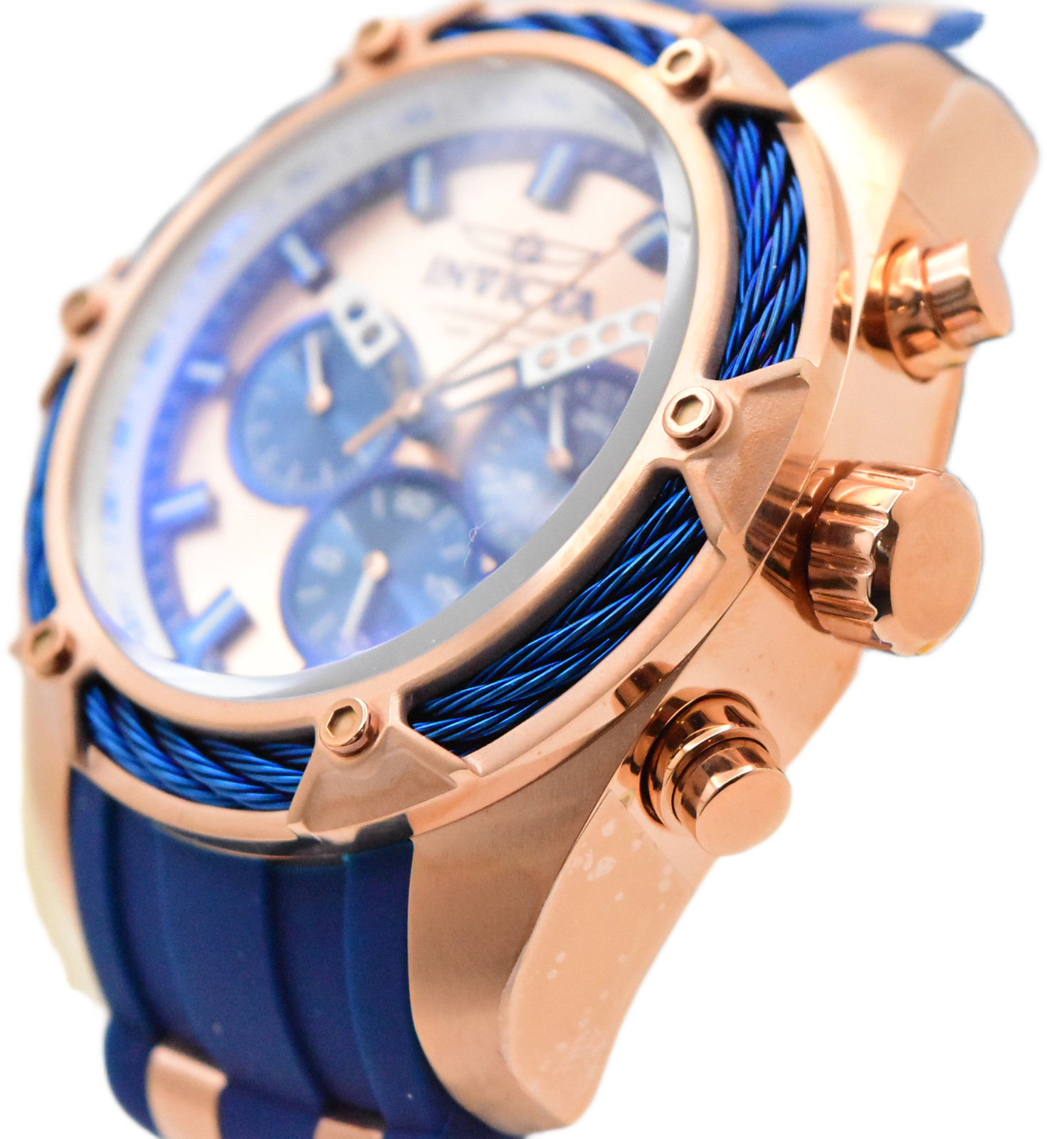 Invicta Bolt Men’s 52mm Rose Gold Blue Cable Silicone Chronograph Watch 31434