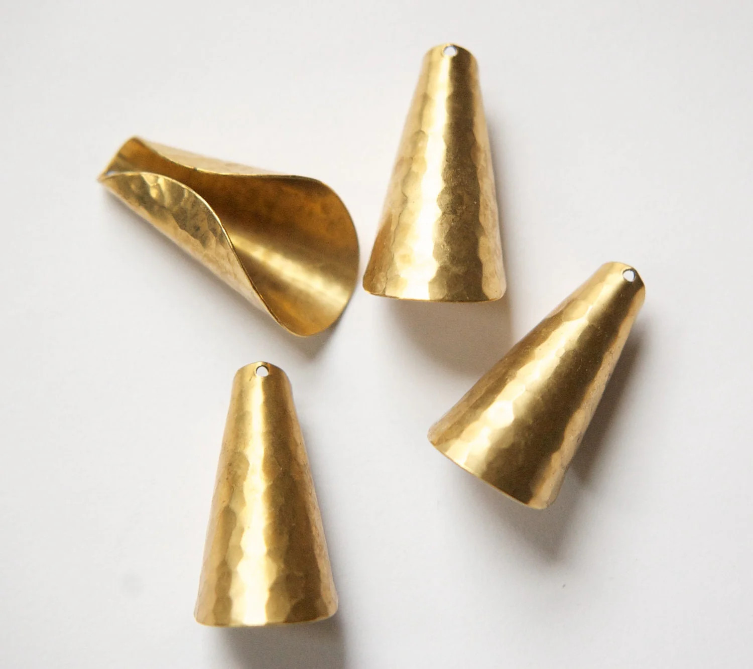 Raw Brass Hammered Cone Pendant or Bead Cap Large (4)