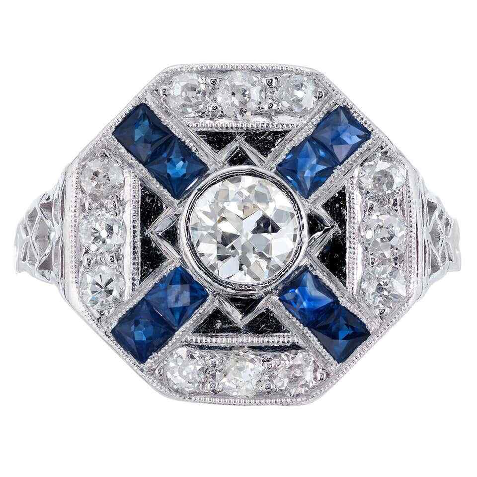 Square French Lab-Created Sapphire With Bezel Set White CZ Art Deco Fine Ring