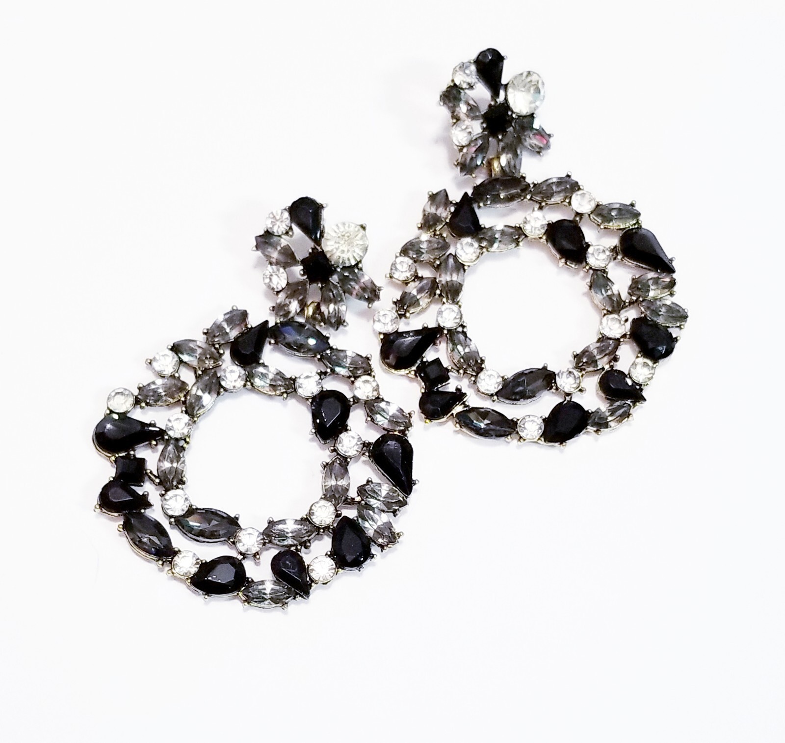 Chandelier Rhinestone Crystal Pageant Bridal Earrings Black Hoops Dangle 2.8 in