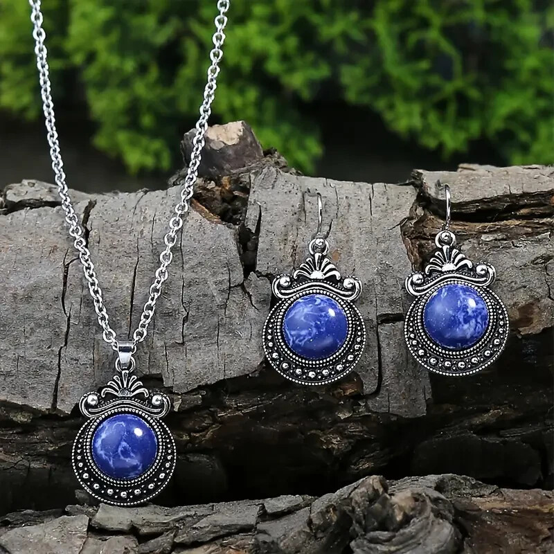 3pcs Earrings Plus Necklace Boho Style Jewelry Set Inlaid Natural Stone Delicate