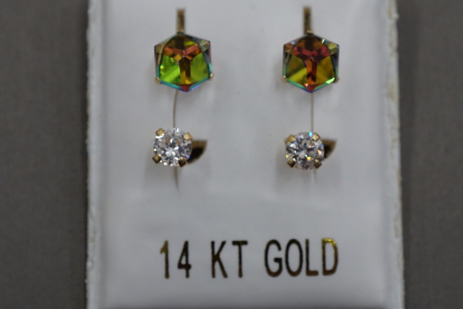 14K Solid Yellow Gold 5.5mm Mystic Stones With 3.5mm Cz Telephone Earrings!!