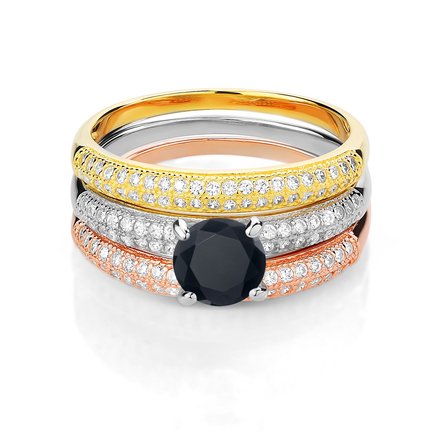 2.94 Ct Round Black Zirconia 925 Sterling Silver Set of 3 Stacking Ring