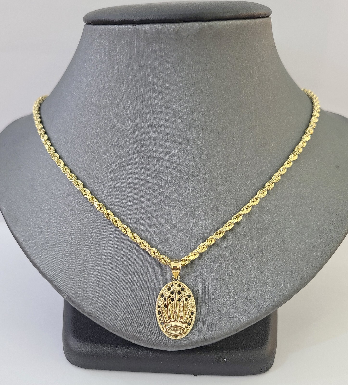 10K Yellow Gold Crown Pendent Charm 3mm Rope Chain 18″ 20″ 22″ 24″ 26″ Inch