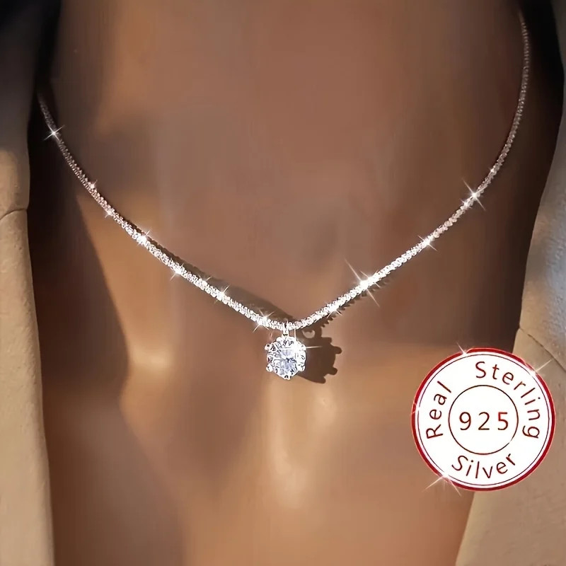 925 Sterling Silver Necklace Zircon Pendant Sparkling Necklace Clavicle Chain