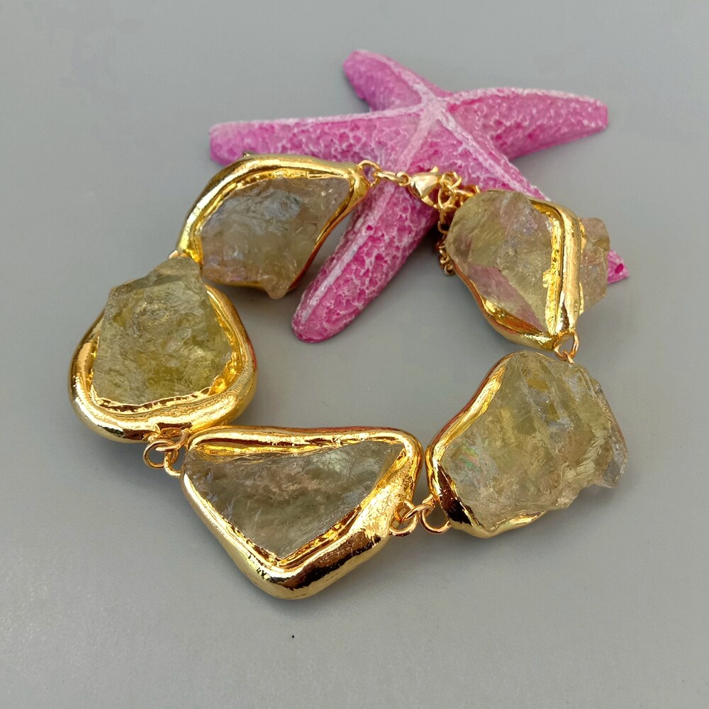 Natural Lemon Quartz Rough Raw Bracelet Gold Plated Brushed Bead Semi Precious