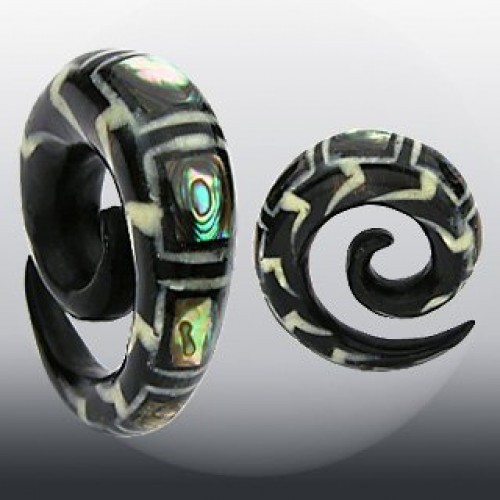 PAIR Organic Abalone Inlay Horn Spiral Tapers Plugs Gauges 2g, 0g, 00g