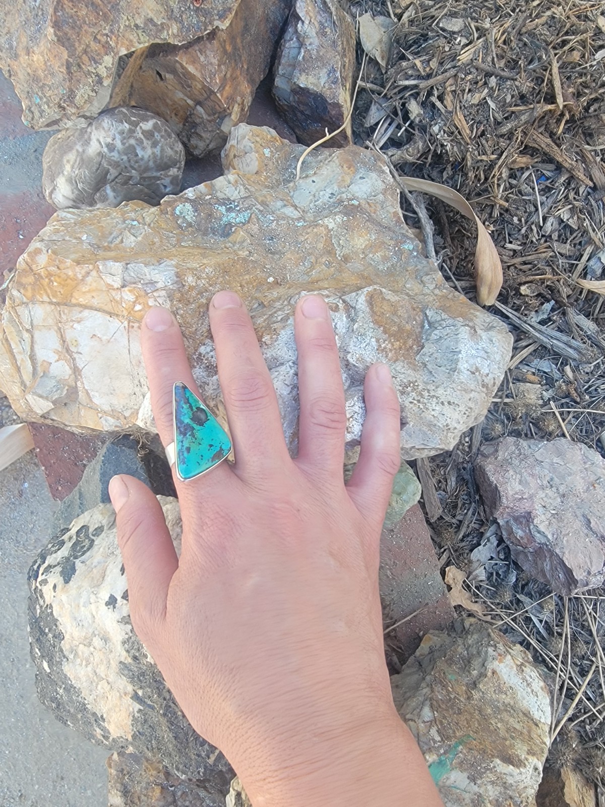 Big Blue Green Royston Turquoise Stone Adjustable Ring Signed 925 Sterling 13.5g