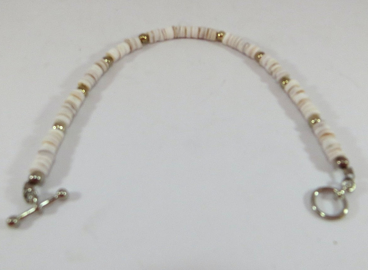 Heishi Bracelet, 8.25 in, Heishi White/Beige Shell & Silver-tone beads