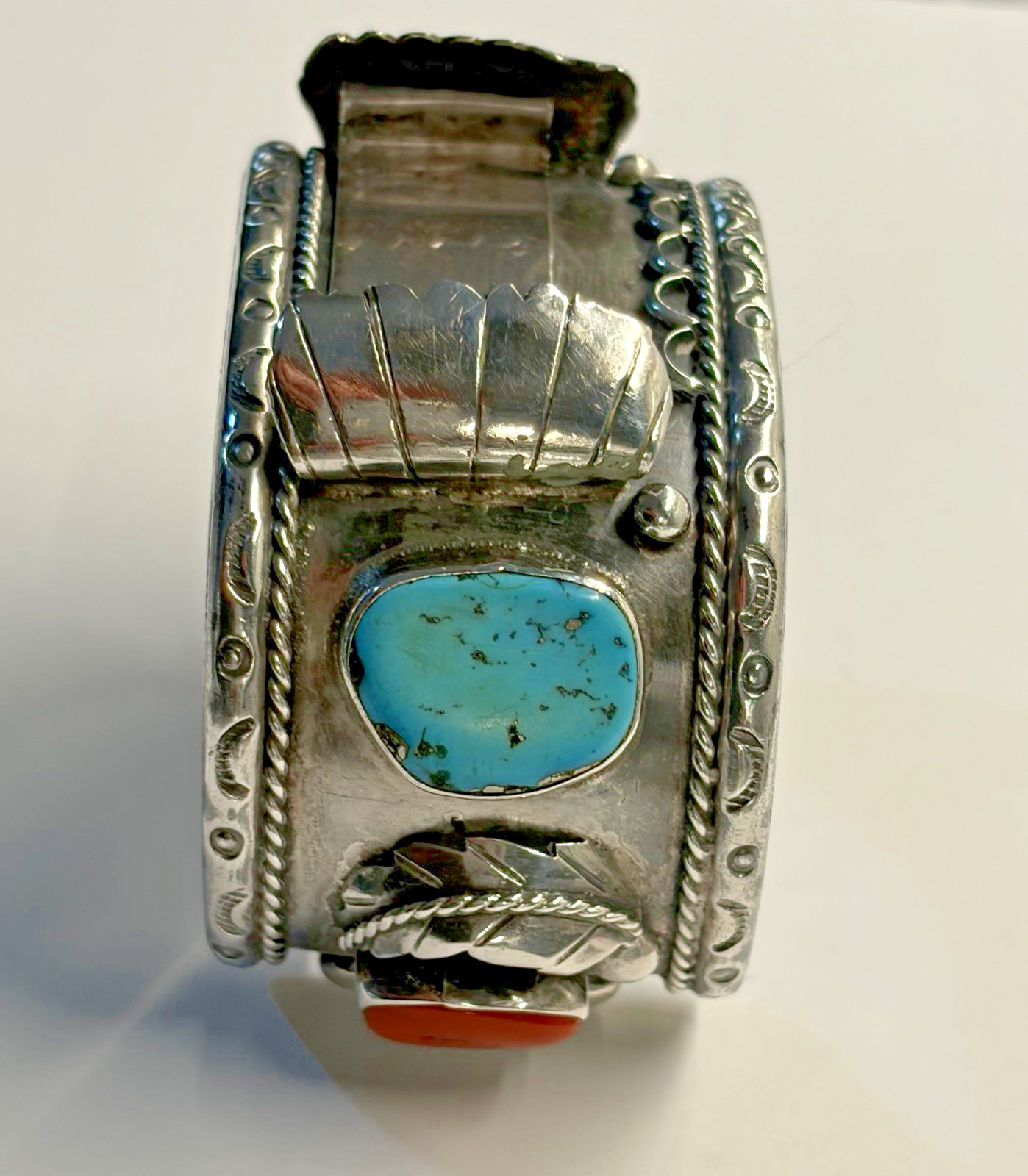 Vintage Navajo Sterling Watch Cuff Bracelet 114g Turquoise Coral 1940’s Men’s 6”