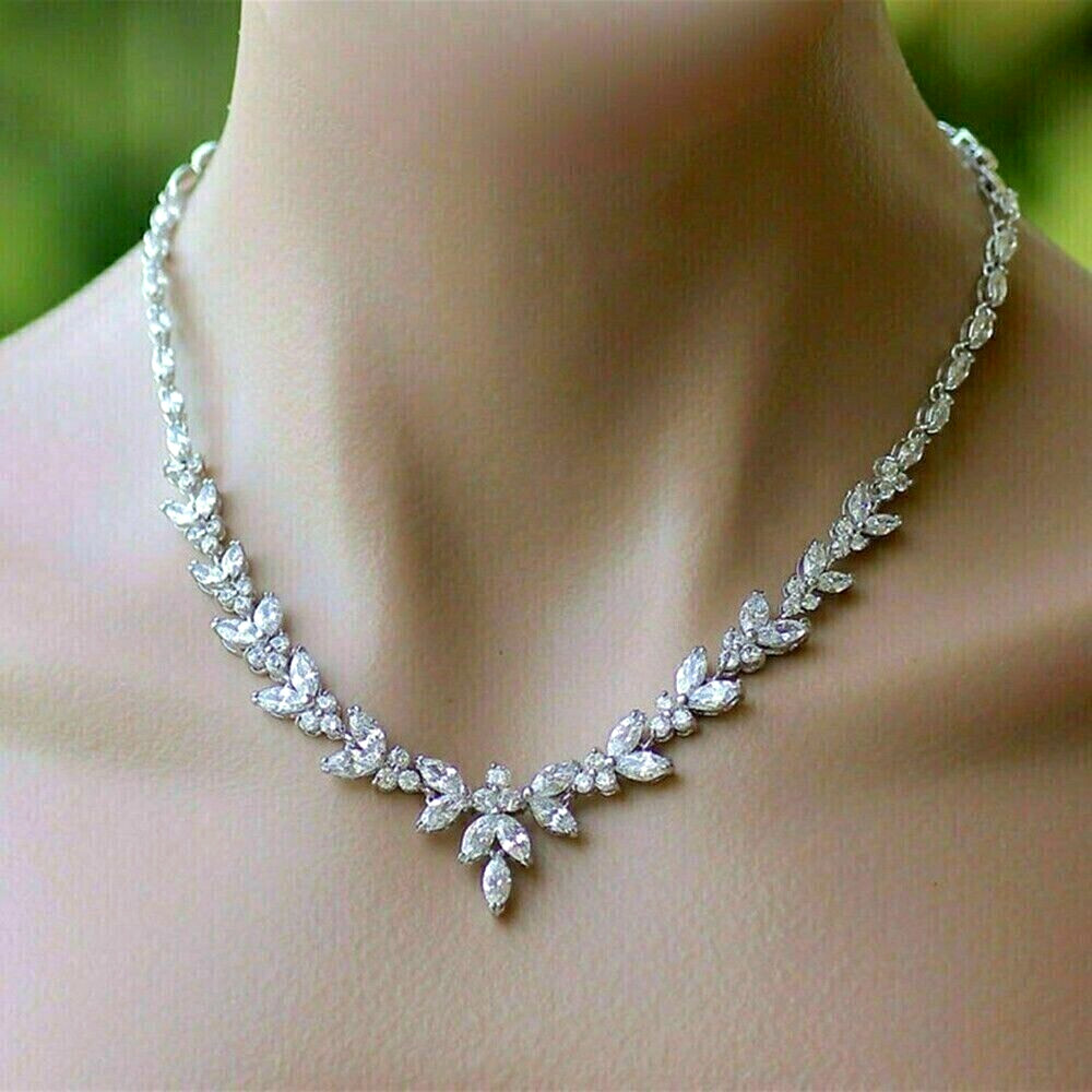 Beautiful Woman Necklace 925 Silver Gold Finish 22 Ct Marquise Simulated Diamond