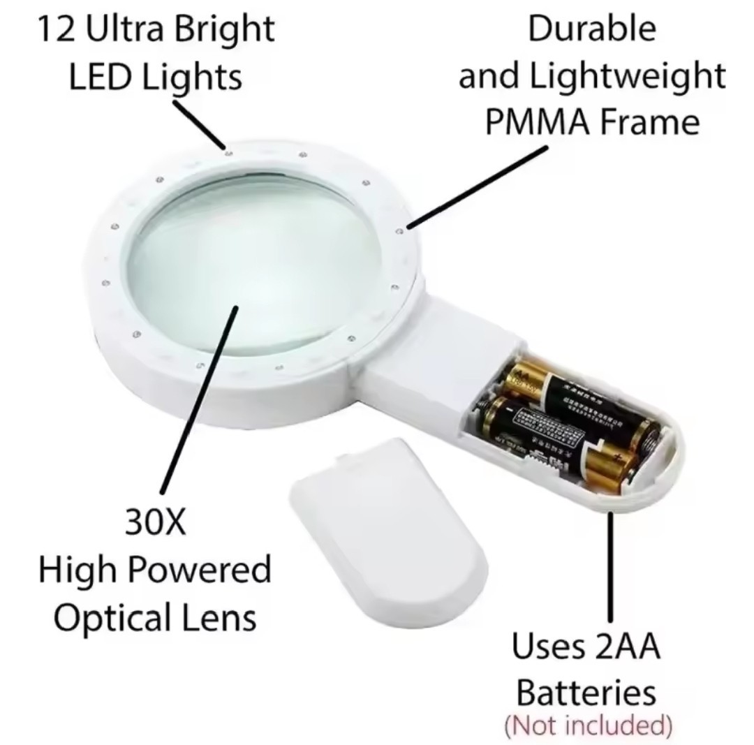 30X Jumbo Handheld Magnifying Glass w/ 12 Bright LED Light Illuminated Magnifier