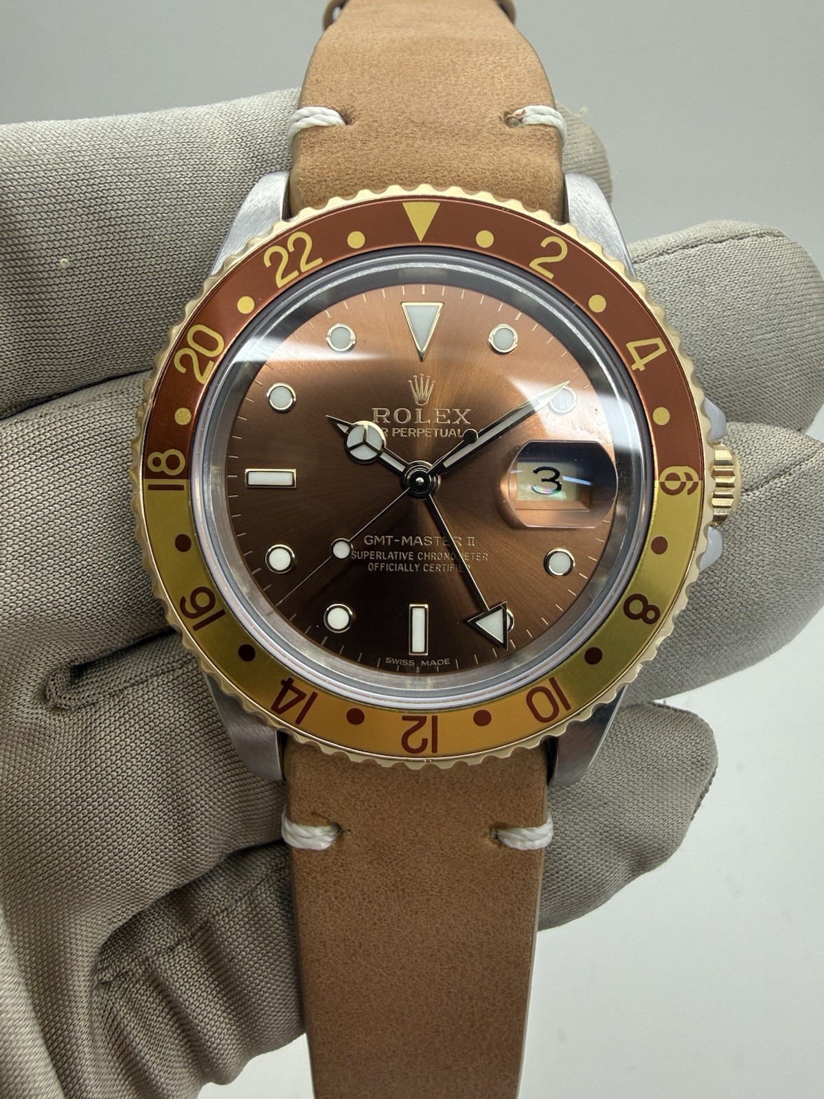 1989 Rolex GMT Master II Rootbeer Brown Bezel Dial Leather 40mm Watch 16713 RSC