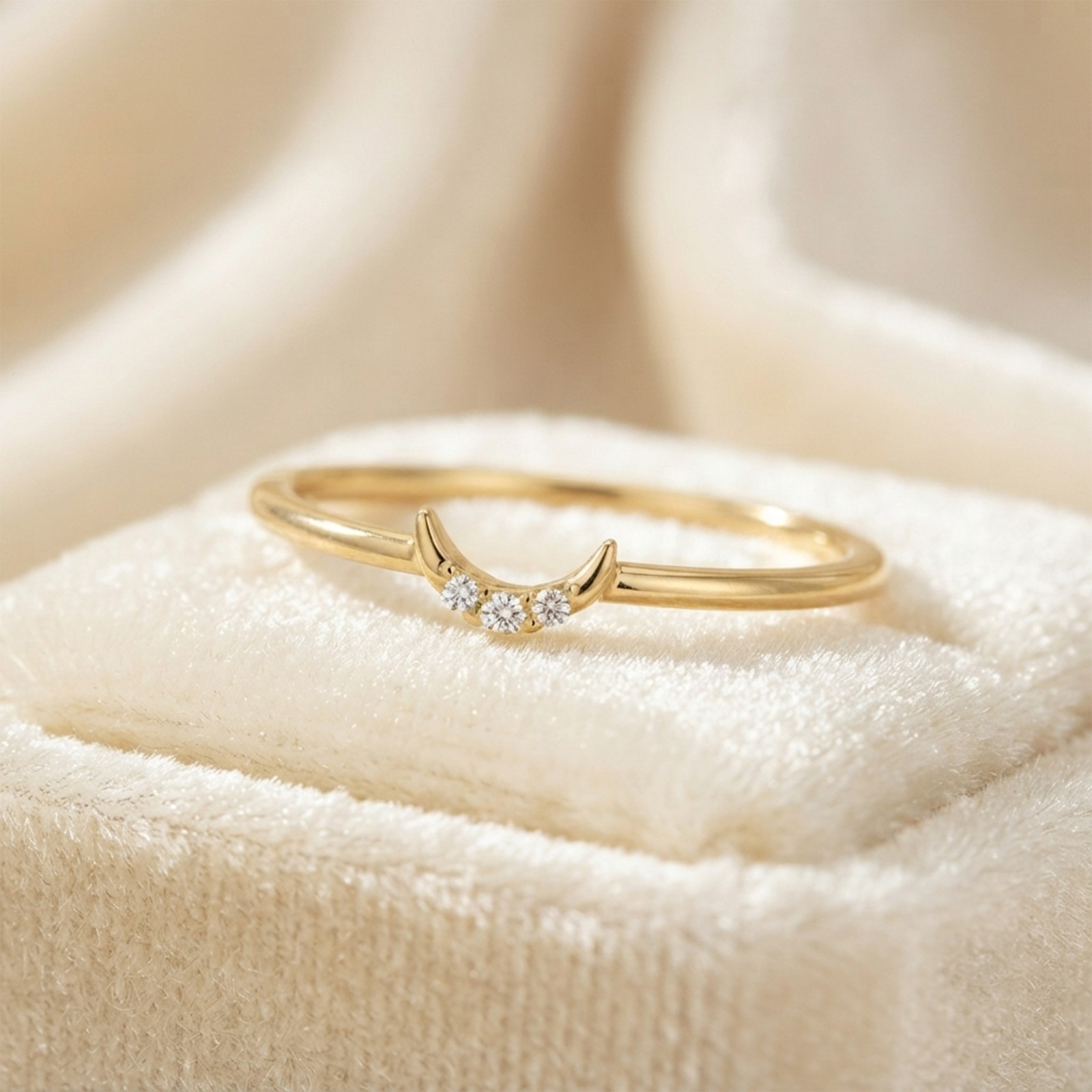 0.03 CT Diamond Crescent Tiny Promise Ring, 9k Gold Moon Ring, Celestial Jewelry
