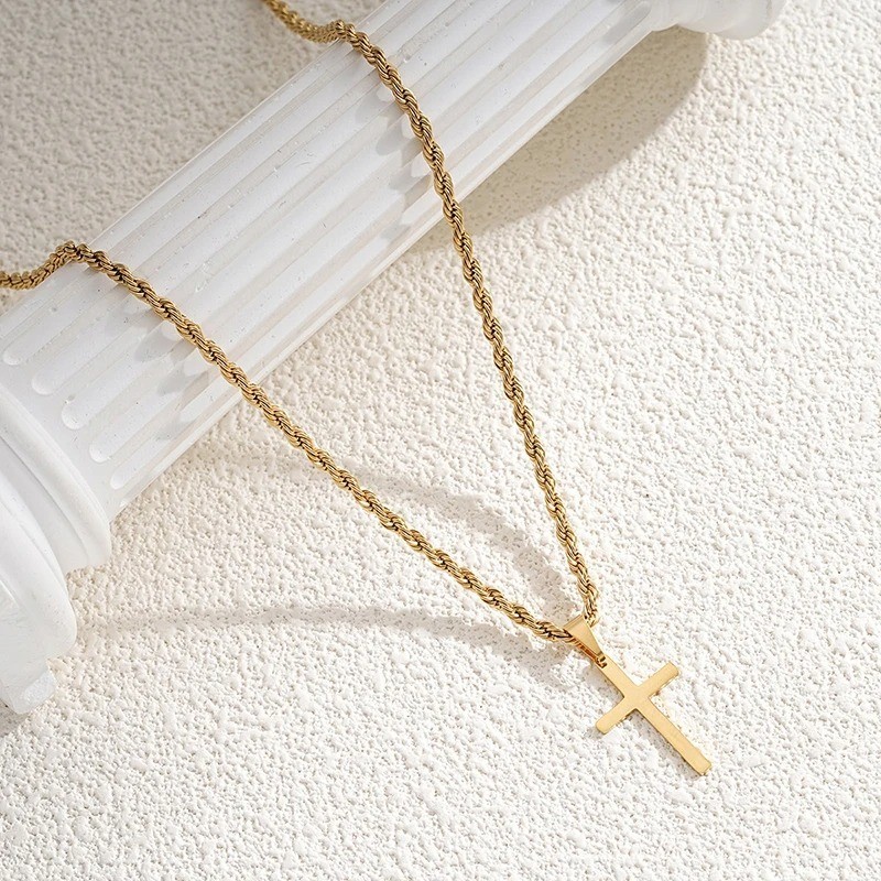 Men’s Silver & Gold Rope Chain Necklace Cross Pendant Stainless Steel Jewelry