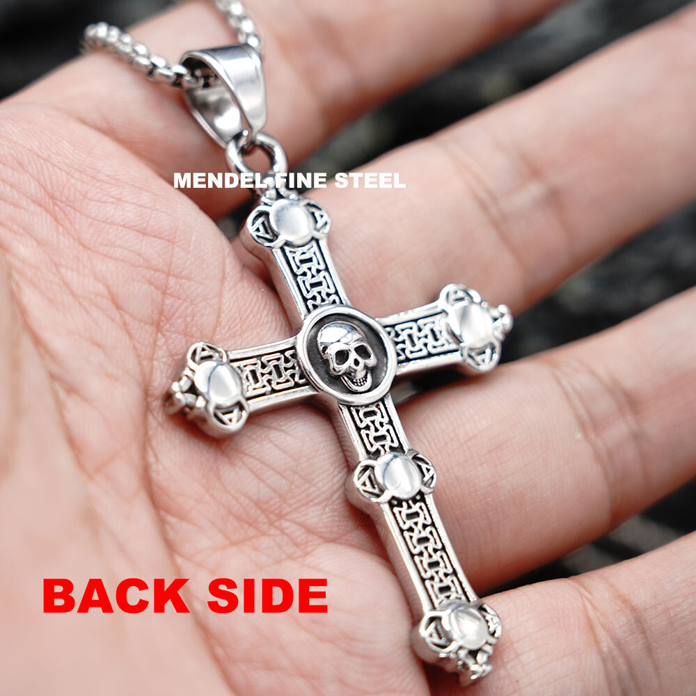 MENDEL Mens Stainless Steel Gothic Biker Skull Punk Cross Pendant Necklace Men