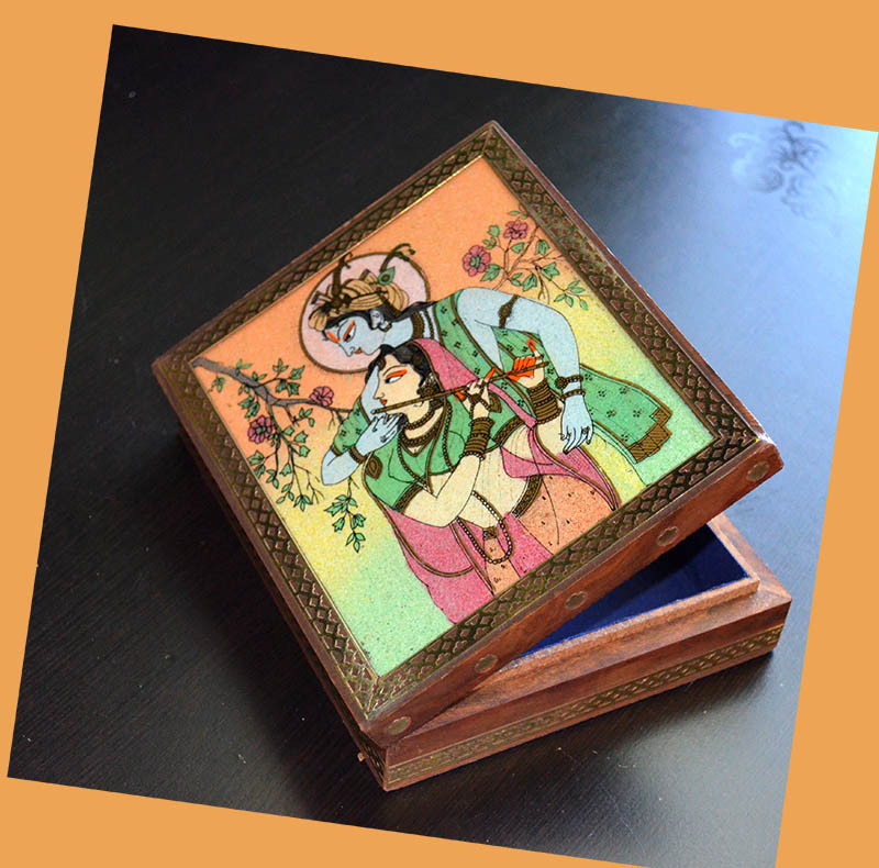 Wooden jewelry box with glass gem stone painting and brass border from India!