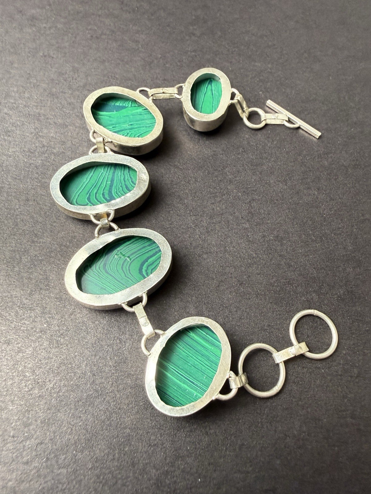 925 Sterling Silver Malachite Link Bracelet 35g Toggle Clasp Artisan Vintage