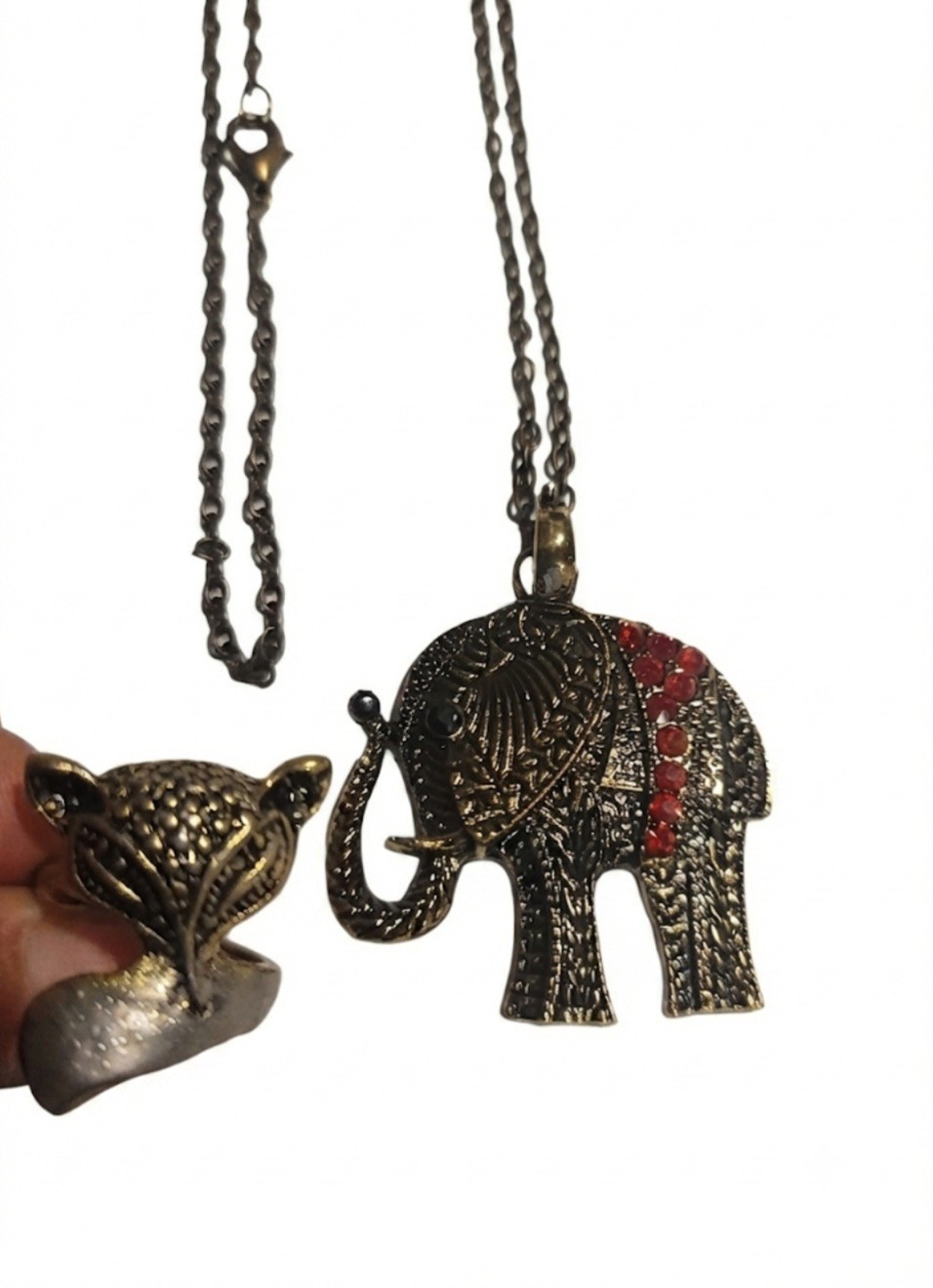 Elephant Necklace & Ring Jewelry Set, Red Rhinestone, Silver Tone, Animals