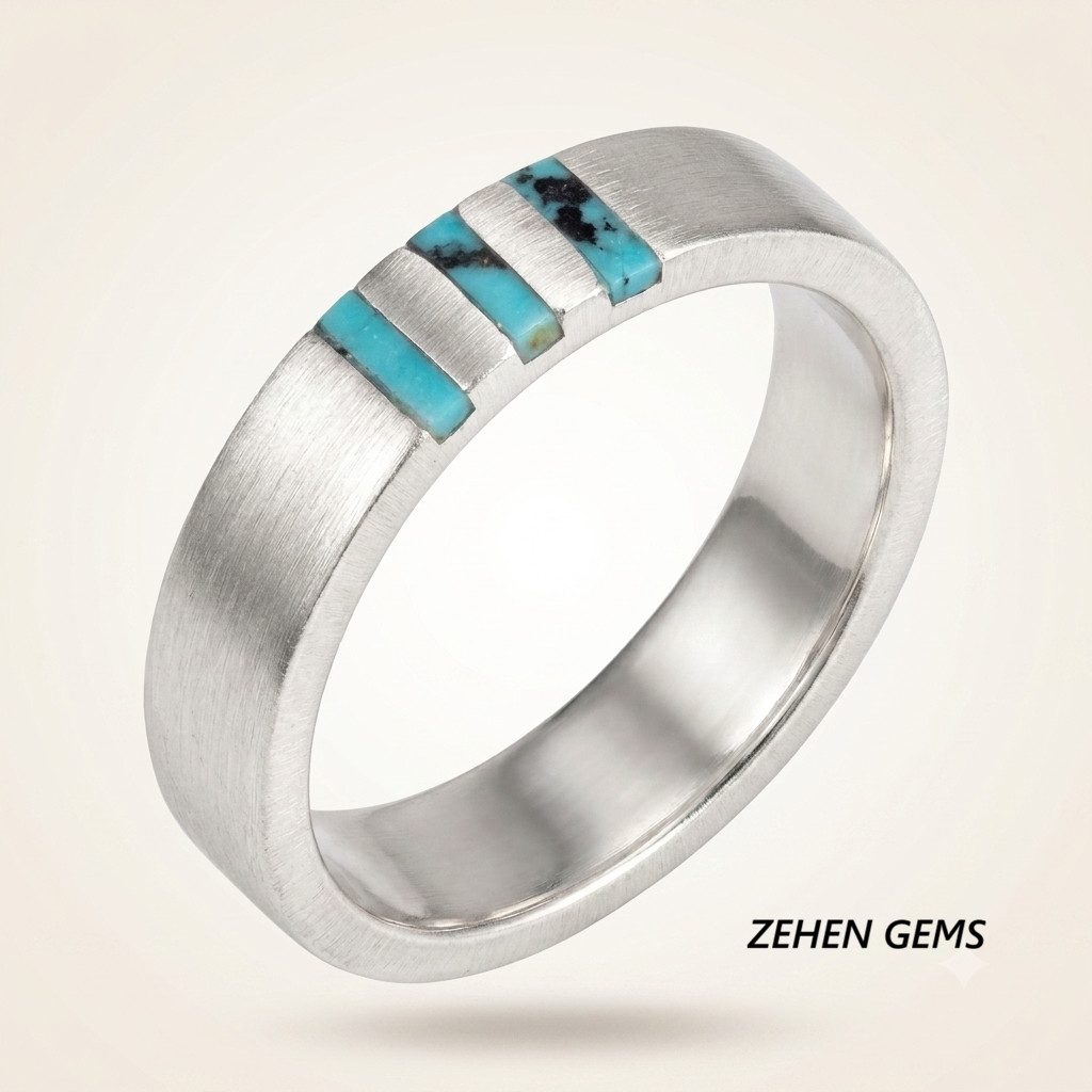 Lab created Men’s 925 Sterling Silver Turquoise Inlay Band Ring Wedding Ring