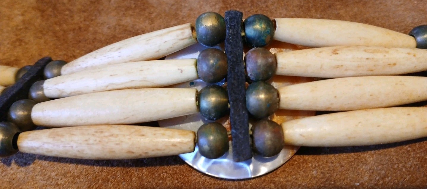 VINTAGE NATIVE AMERICAN CHOKER with BONE ABALONE BRASS & GLASS BEADS LEATHER. #2