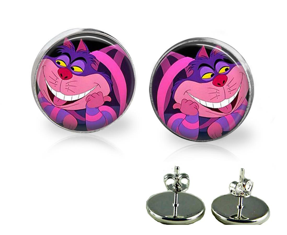 Alice in Wonderland Cheshire Cat Girls Stud Earrings 12mm Silver Color Glass Top