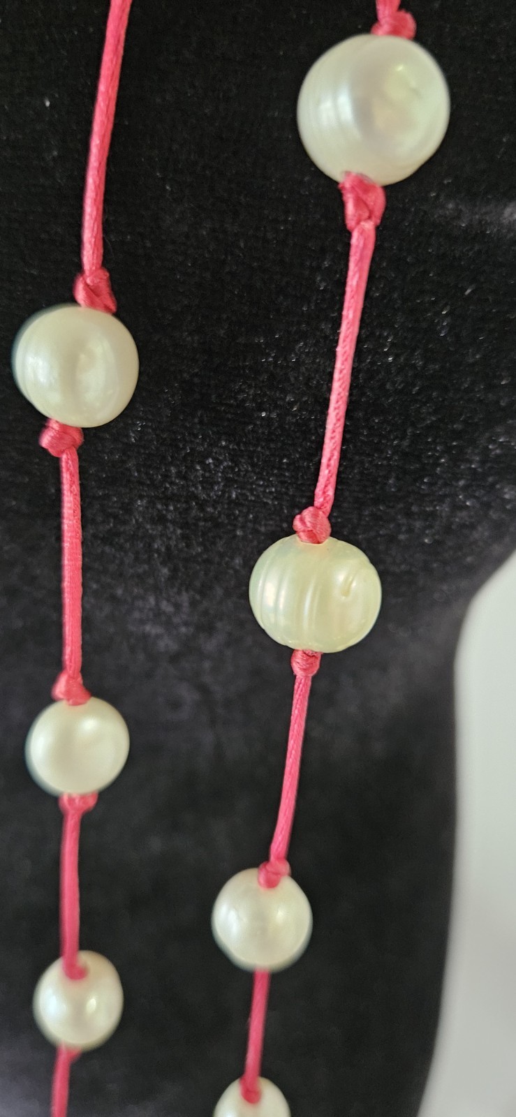 Freshwater Pearl Bead Station Necklace Red Cord Knotted Long Strand No Clasp