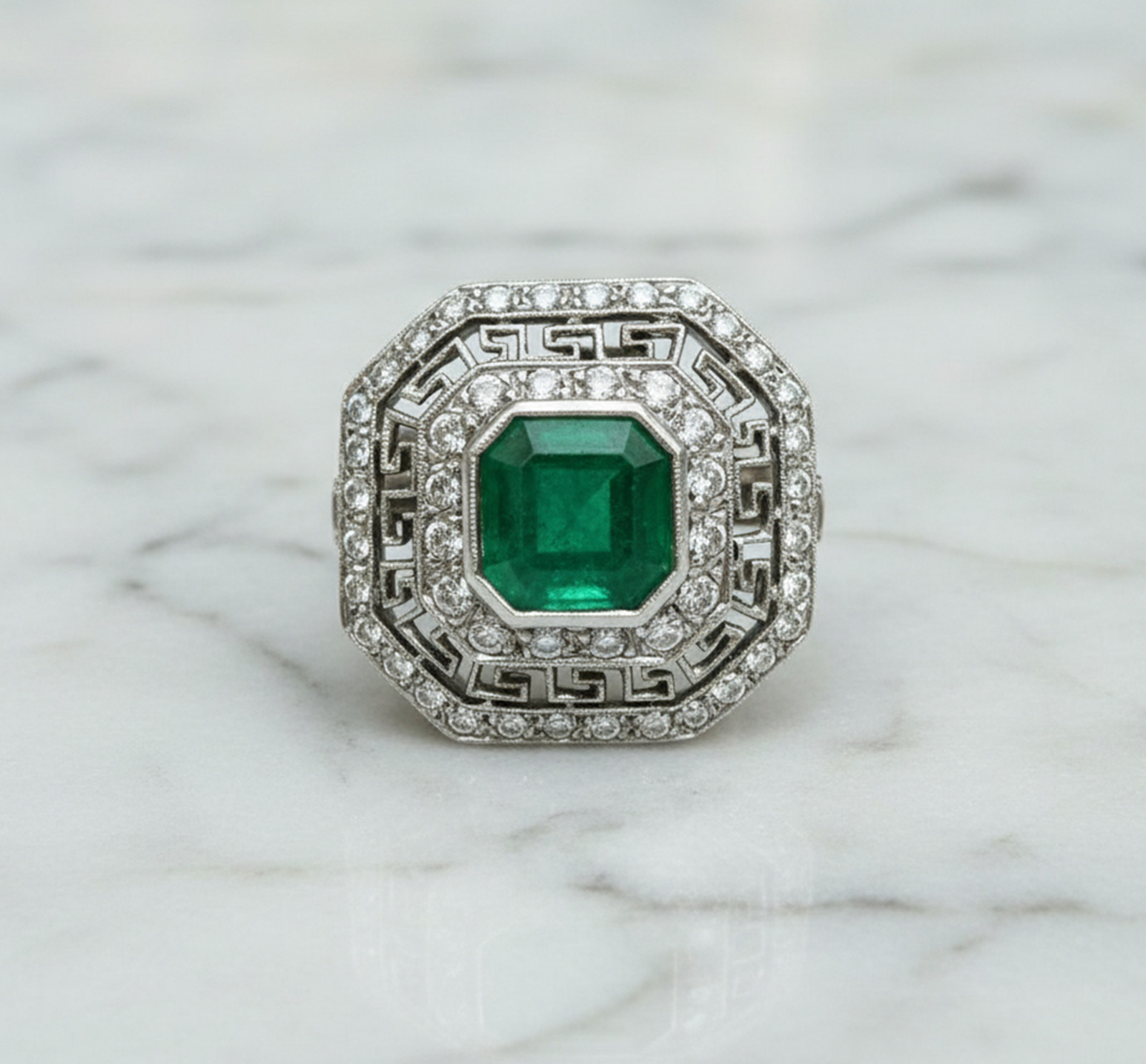14K Gold Art Deco Halo Bezel Set Engagement Ring Green Asscher Simulated Diamond