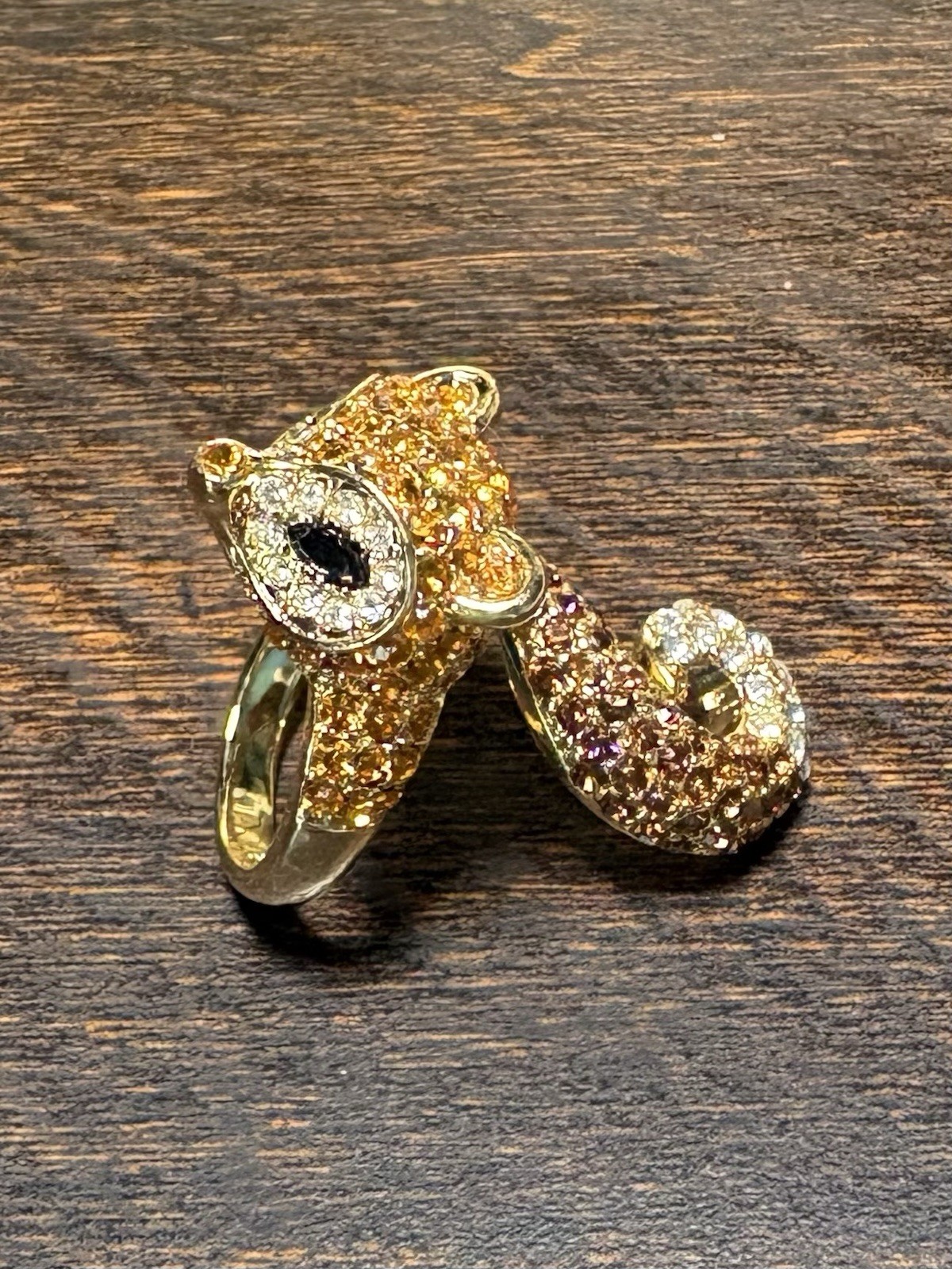 Gold Tone Fox Wrap Cocktail Ring Adjustable Amber Black Round Crystal Accents