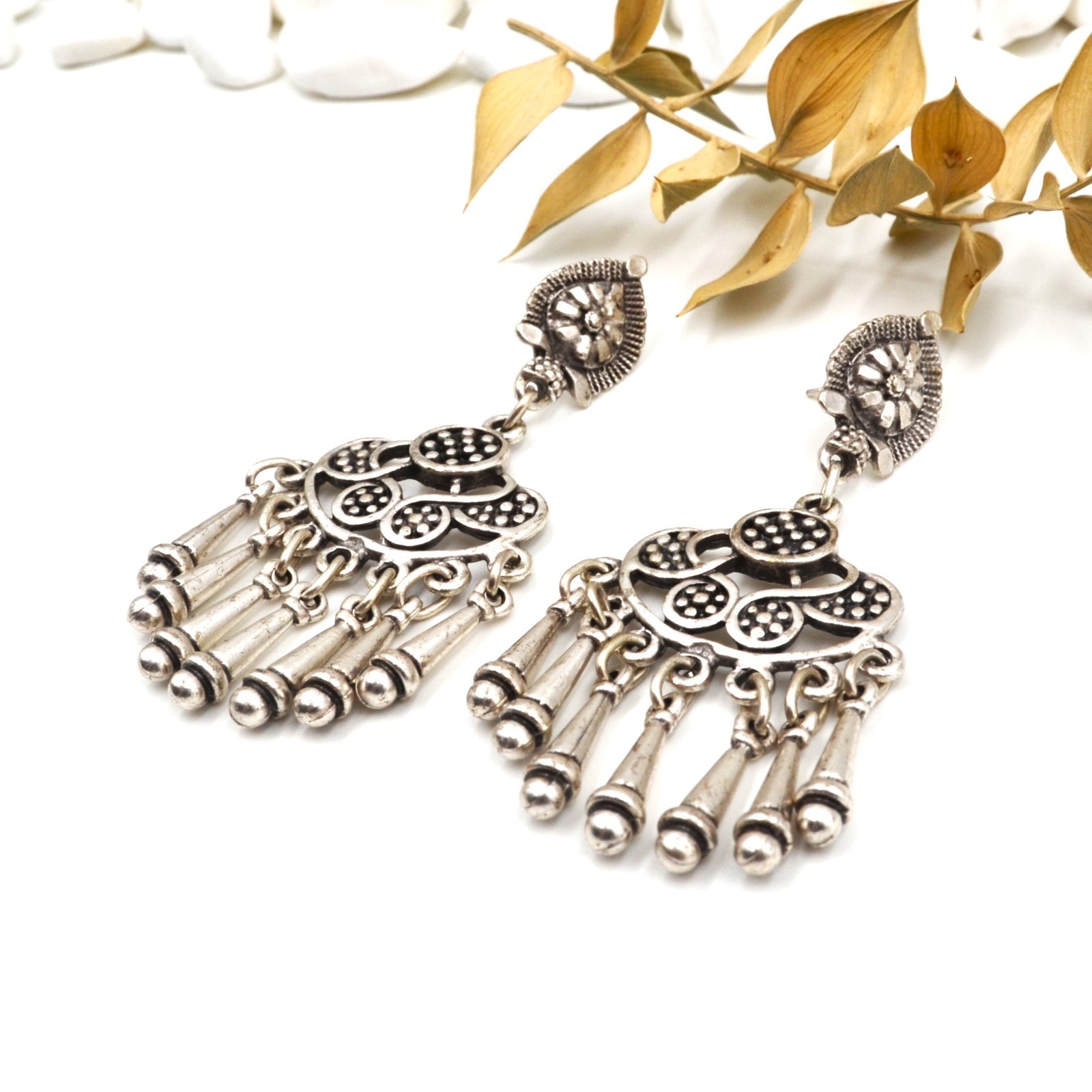 Boho Antique Silver Crescent Chandelier Fringe Dangle Ethnic Bohemian Earrings