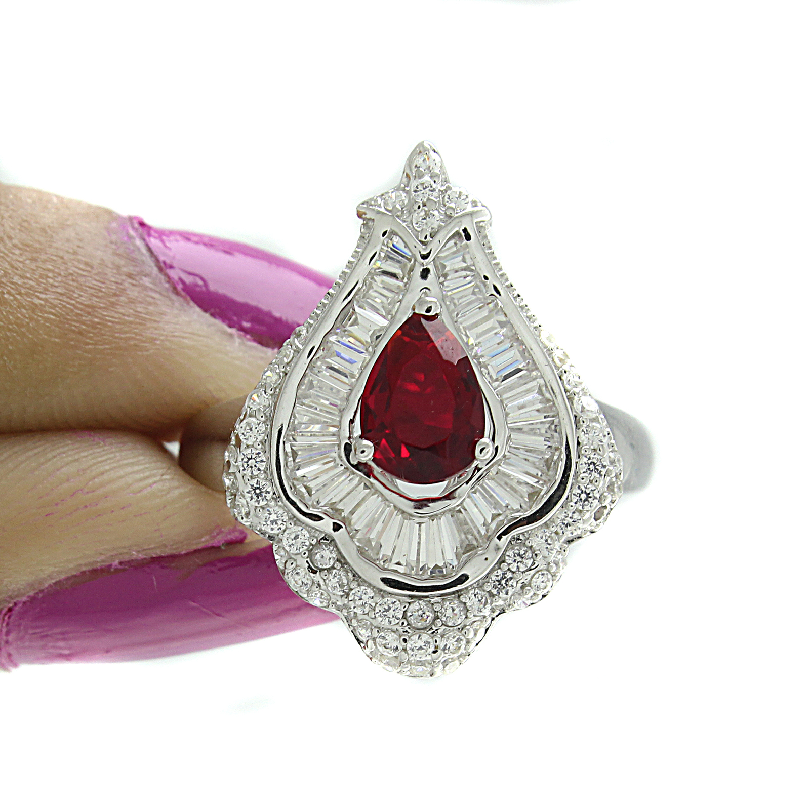 Ruby & Simulated Diamond in Soltaire Engagement Ring 14k White Gold Plated 925