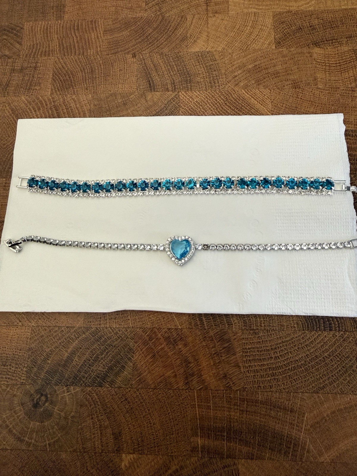 2 Lot Blue Heart And Blue Crystal Tennis Bracelets Silver Tone 7 1/2 Inch