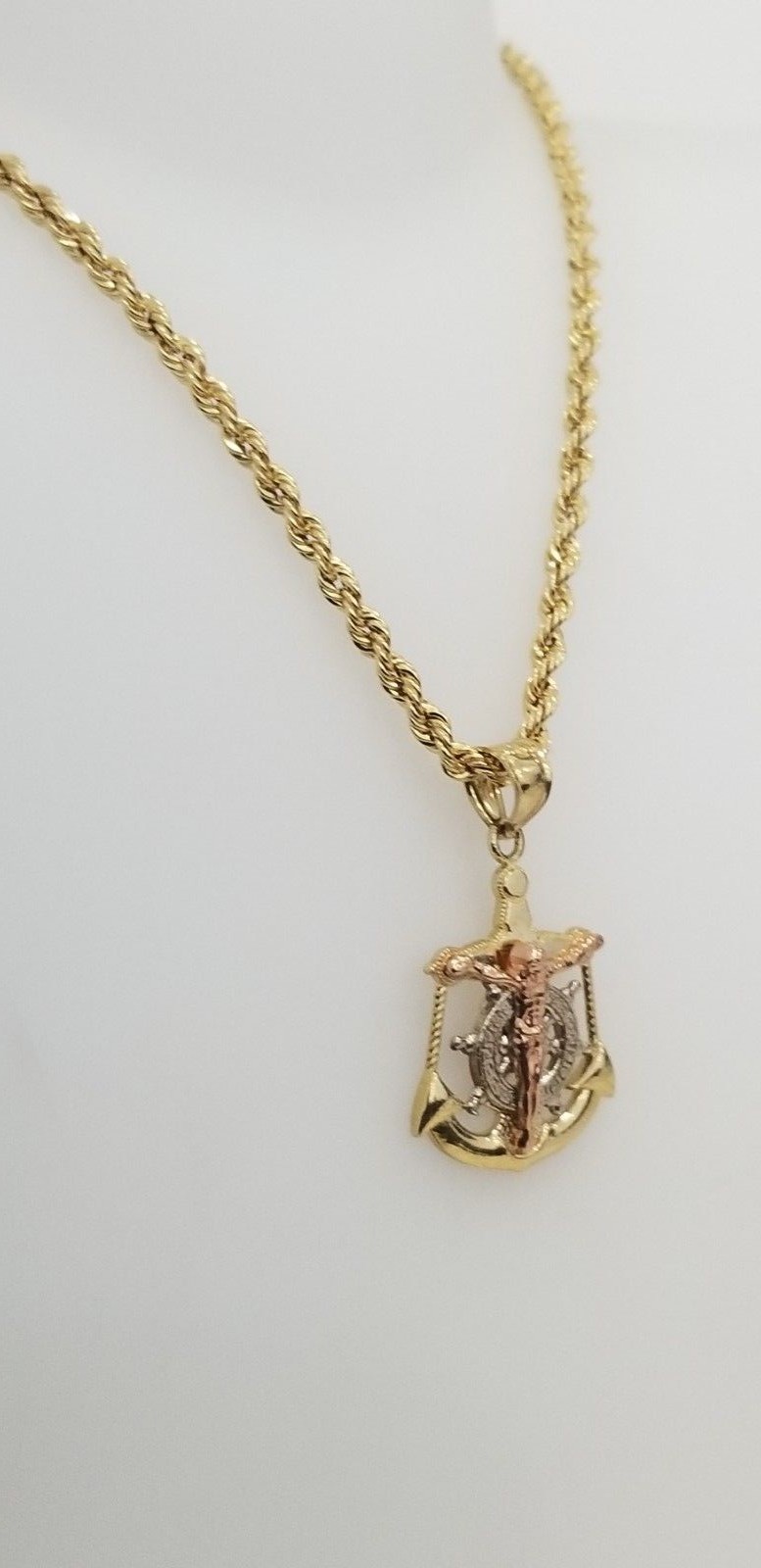 Real 10k Tri Tone Gold Anchor Jesus Cross Wheel Pendant Charm 20″ Rope Chain Set
