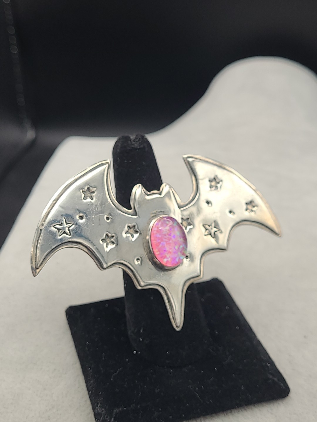 Super Cute! Sterling Silver PINK Lab Opal Bat Ring Size 7 Adjustable!