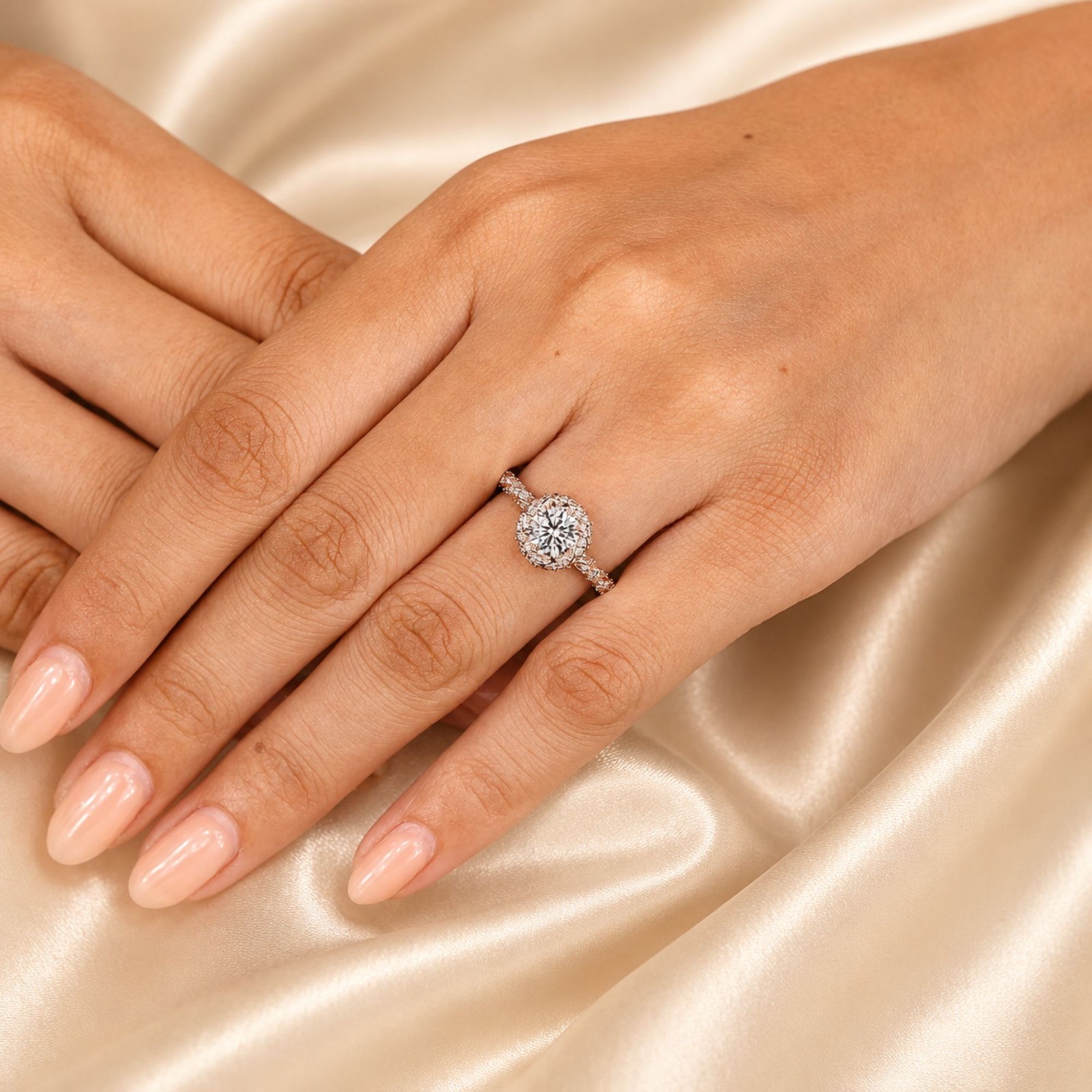 1.00 CT Sterling Silver Round Cut Diamond Ring in Halo Style with Twisted Design