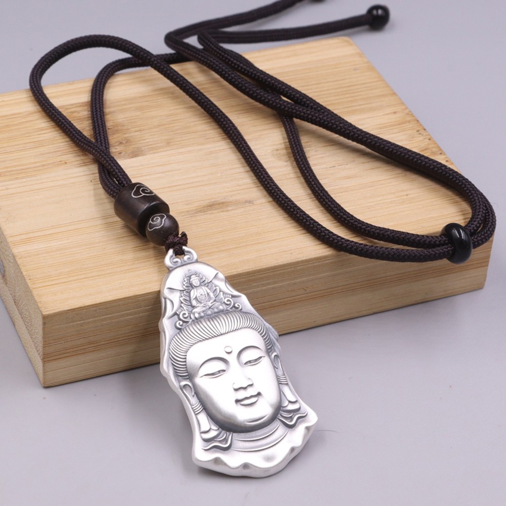 Solid S999 Fine Silver Men Women Lucky Kwanyin Head Pendant 26-27g 45*24mm