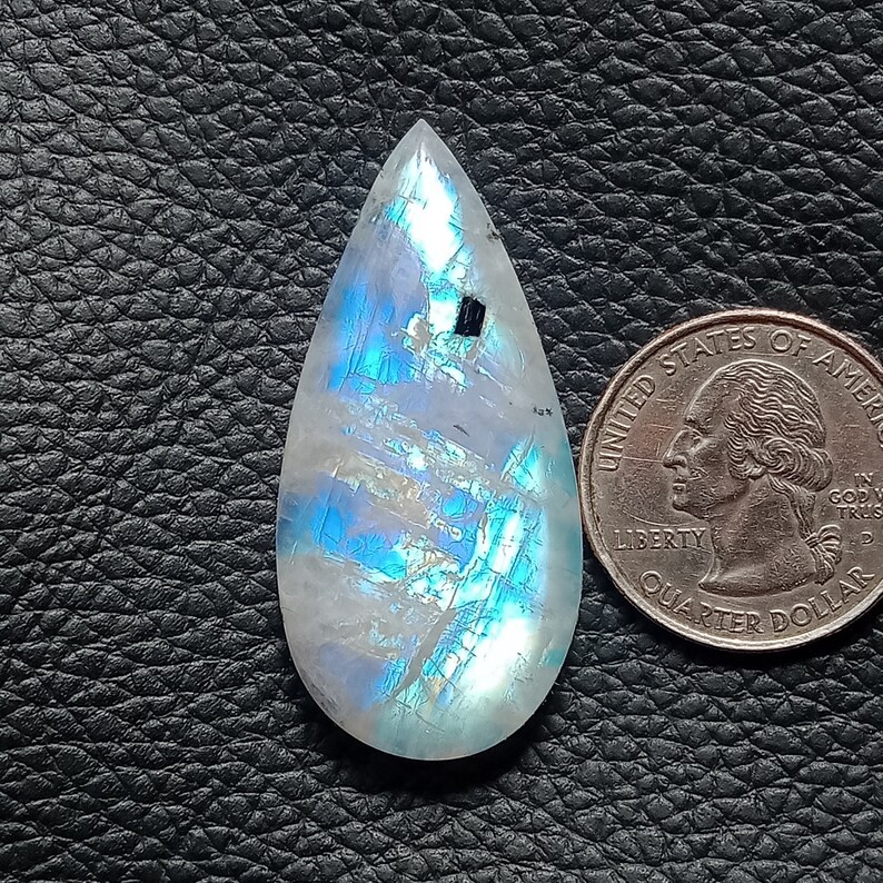 Rainbow Moonstone Cabochon with Black Tourmaline, Pear Gemstone, Big Size 45x21x
