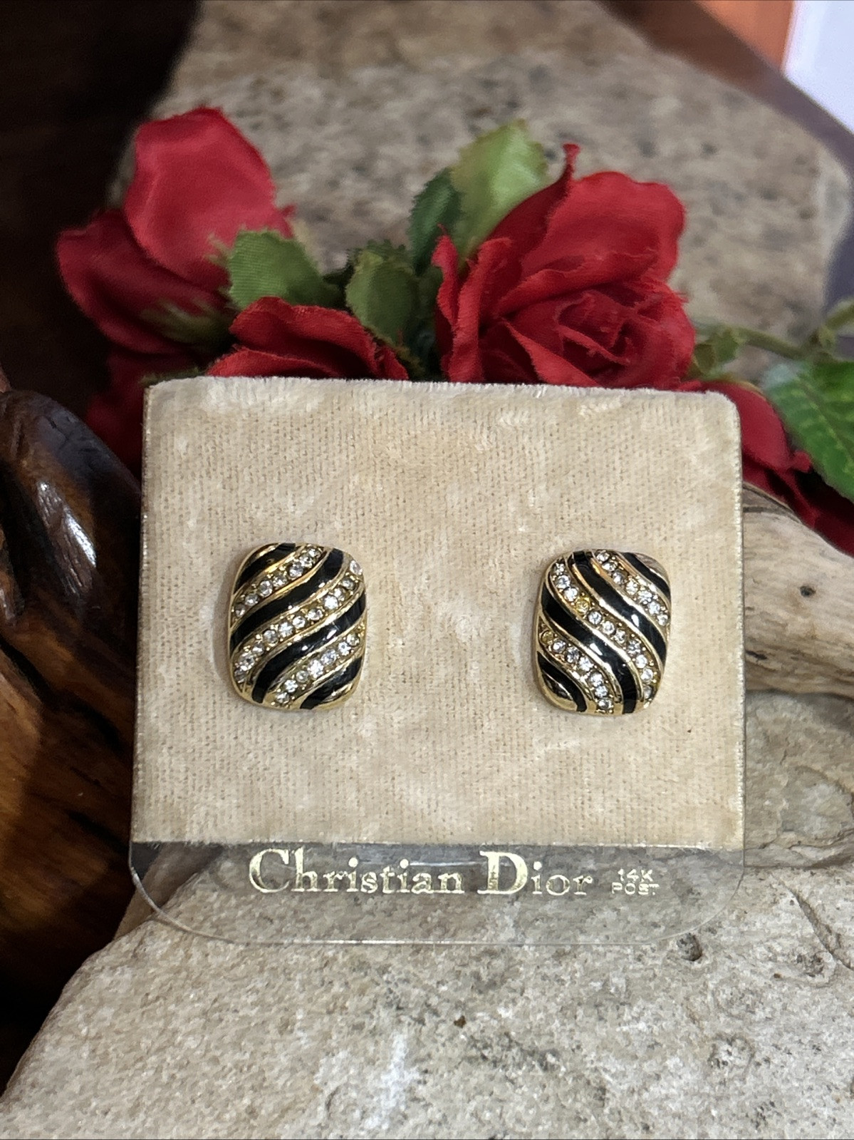 28. Christian Dior 14K Post Gold tone Black Enamel Crystal Stud Earrings 15.4mm