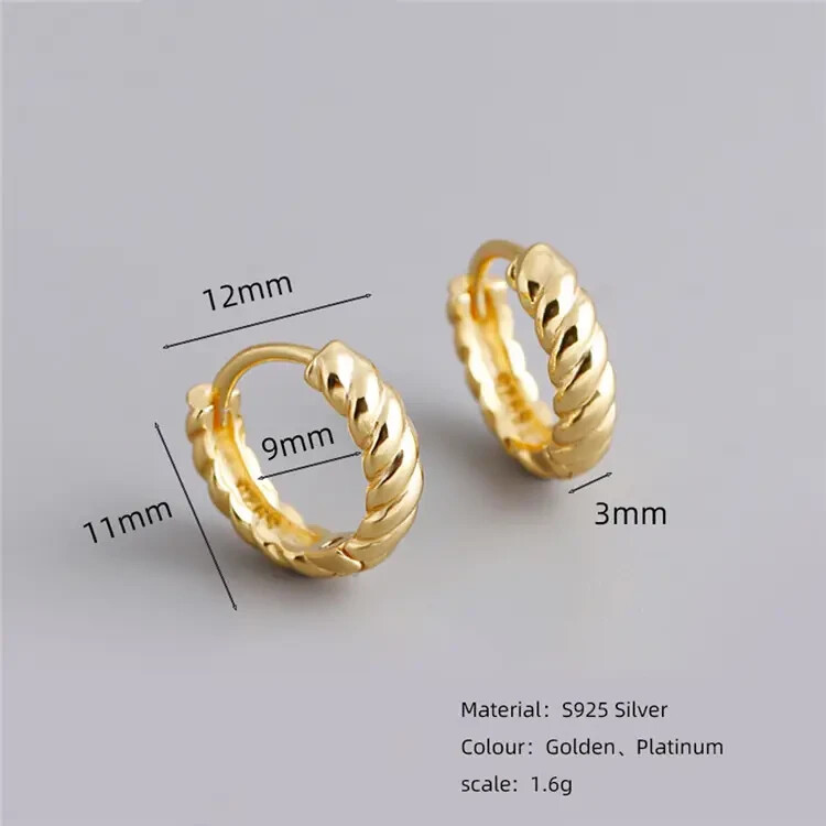 9CT GOLD ON SILVER Croissant SLEEPER HOOP EARRINGS 12mm thickness 3mm