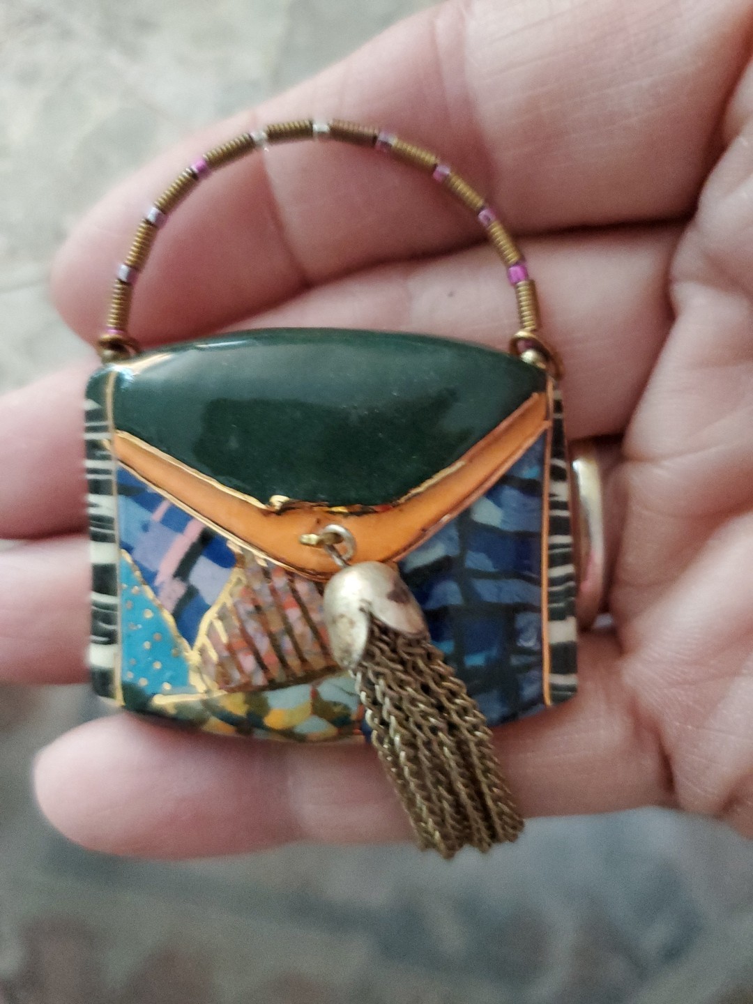 Cynthia Chuang Jewelry 10 Purse Hand Painted Porcelain Metal Tassel Brooch Pin