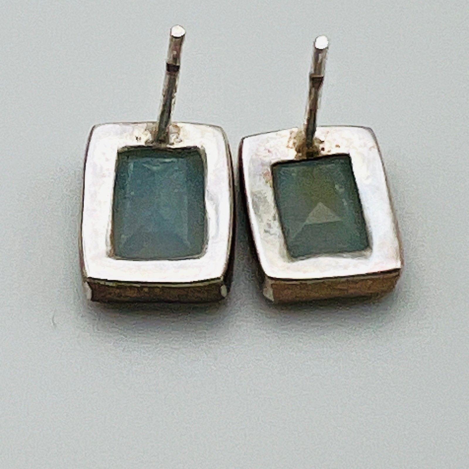 Silver Tone Stud Earrings Rectangle Blue Glass Modern Minimal Jewelry