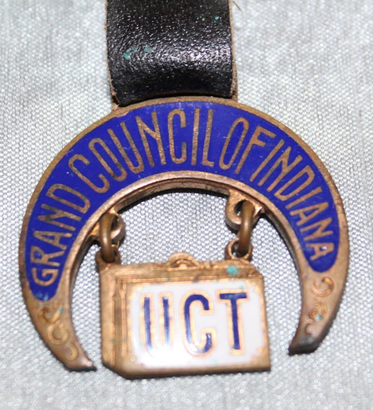 Antique Grand Council of Indiana UCT Watch Fob Brass Metal Enamel Leather Strap
