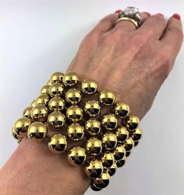 CHANEL Vintage Gold Tone Five Row 2 1/4 Inch Wide Ball Bracelet